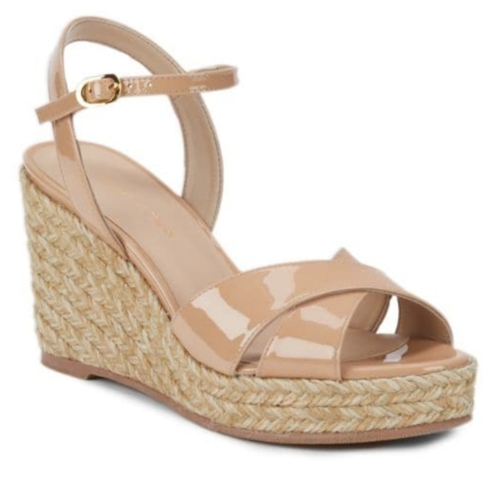 Stuart Weitzman Rosemarie Patent Leather Espadrille Sandals Adobe -7 - Picture 1 of 8